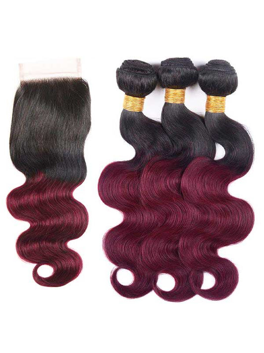 Dark Root Burgundy Body Wave Bundles+Closure Deals