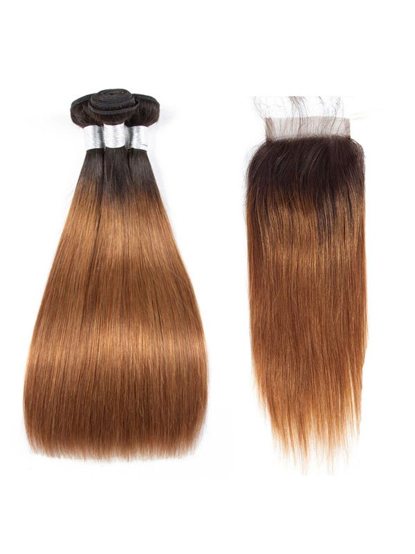 Ombre Golden Brown Straight Bundles+Closure Deals (1b/30)