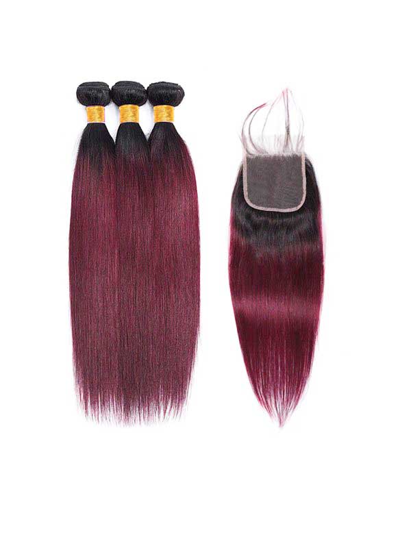 Dark Root Burgundy Straight Bundles+Closure Deals